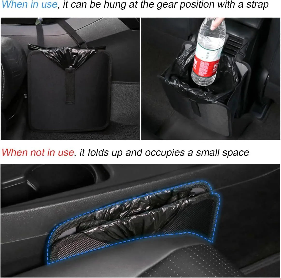 Black Oxford cloth car hanging trash can with hanging loops, shown unfolded.