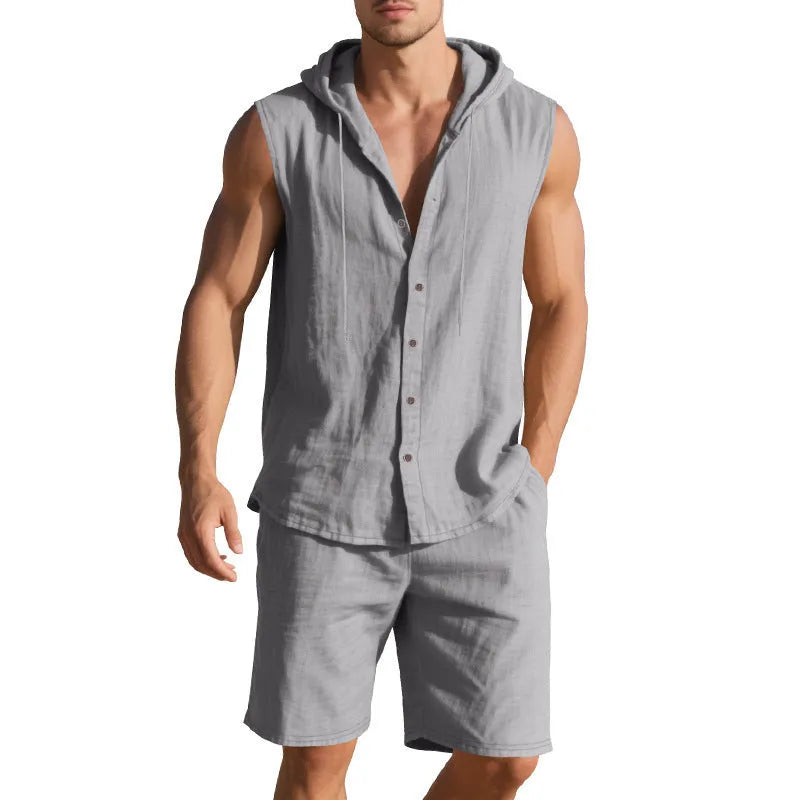 Men's sleeveless linen shirt and matching shorts suit set in Army Green colour