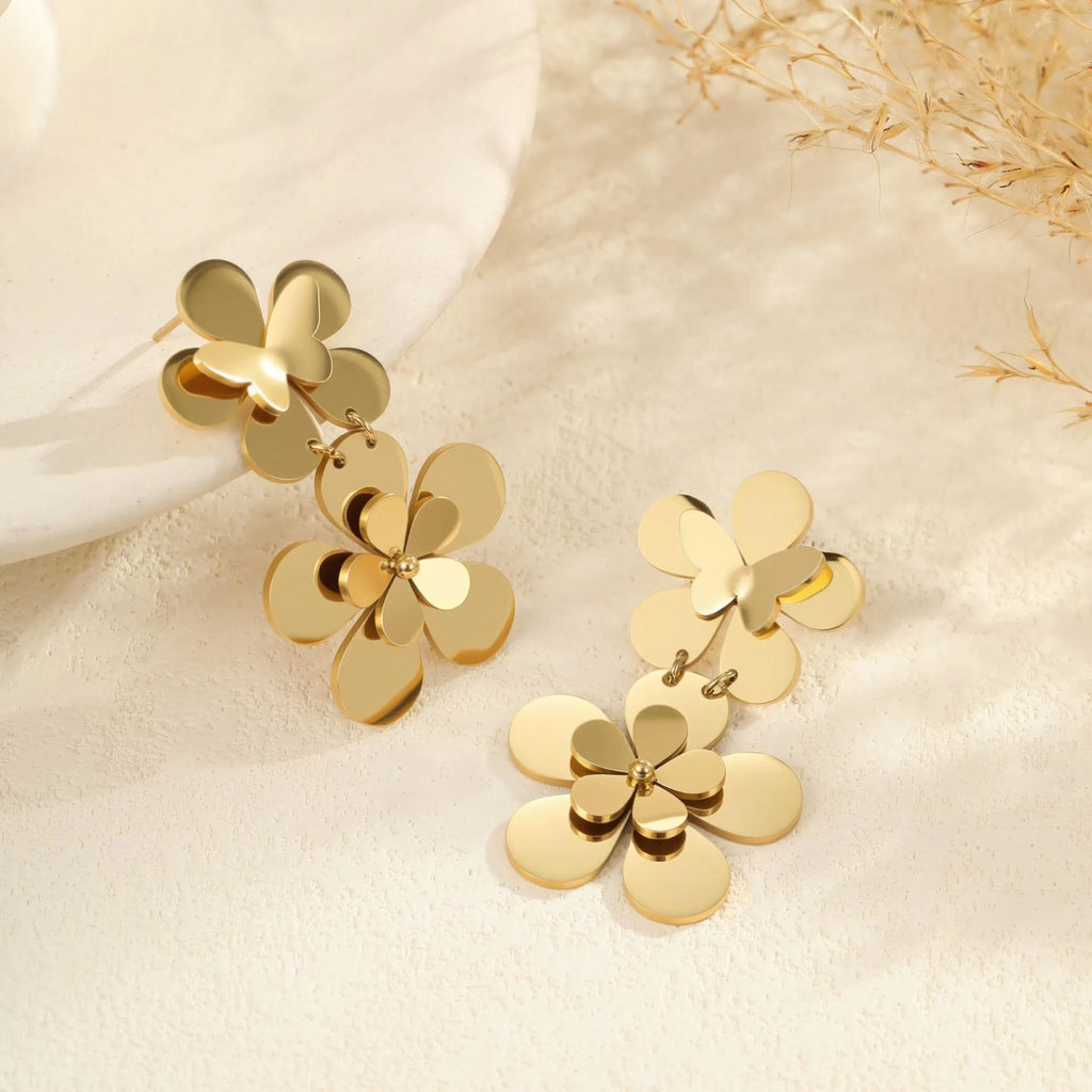Gold-coloured stainless steel women's earrings with butterfly and flower geometric design