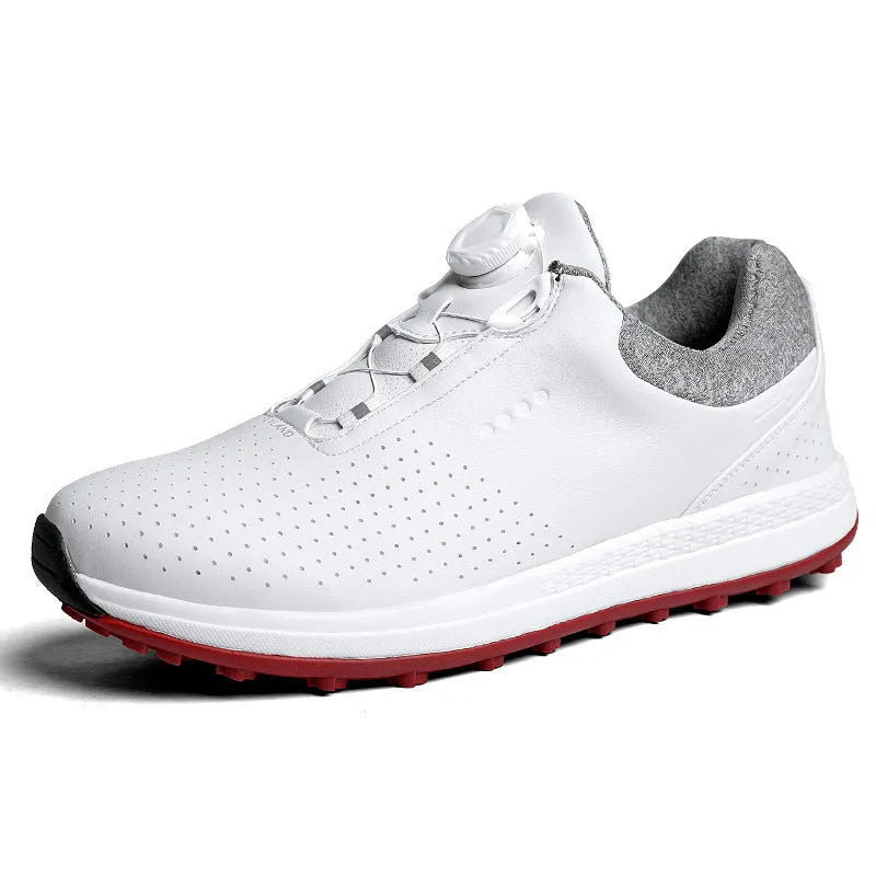 Men's white low-top casual golf shoe with breathable holes and non-slip rubber sole.
