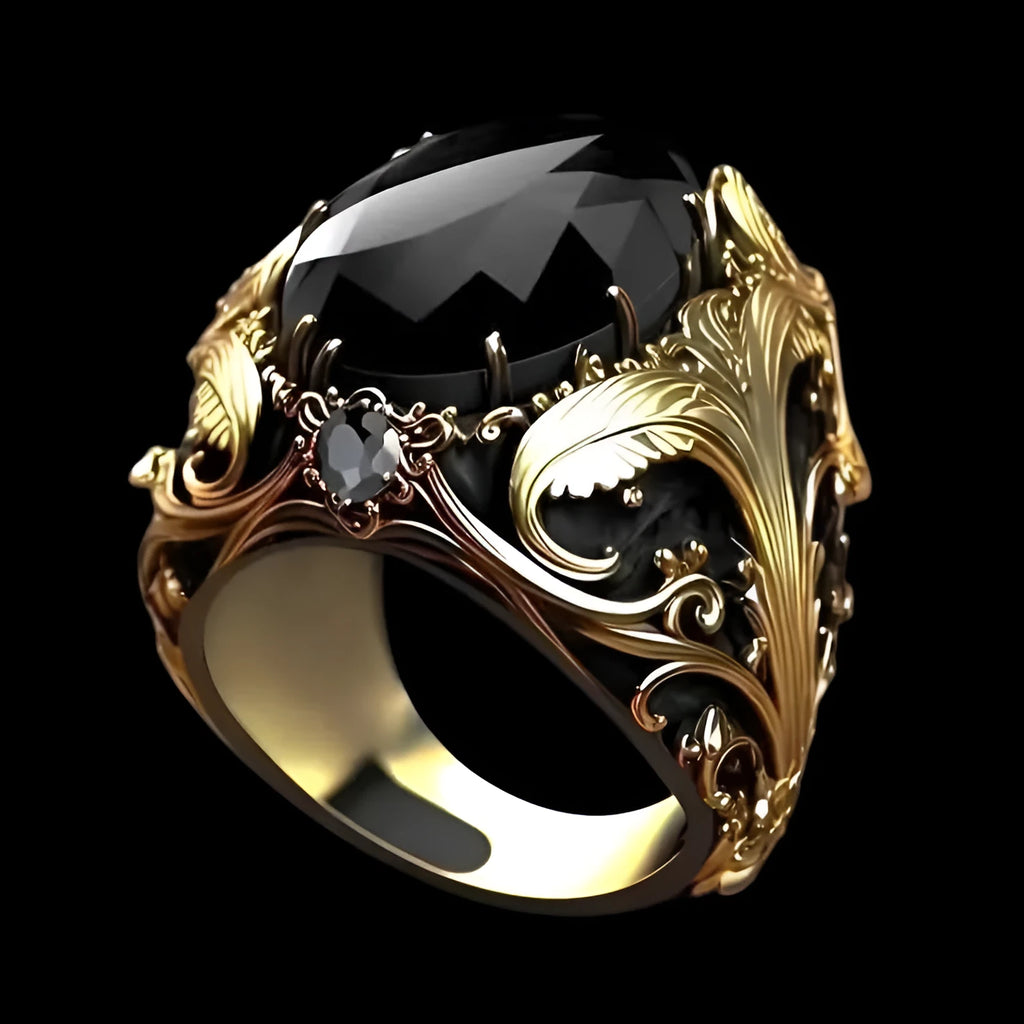 Men's silver geometric wide face ring with imitation ink colour gem ornament showing irregular moonstone-style detail
