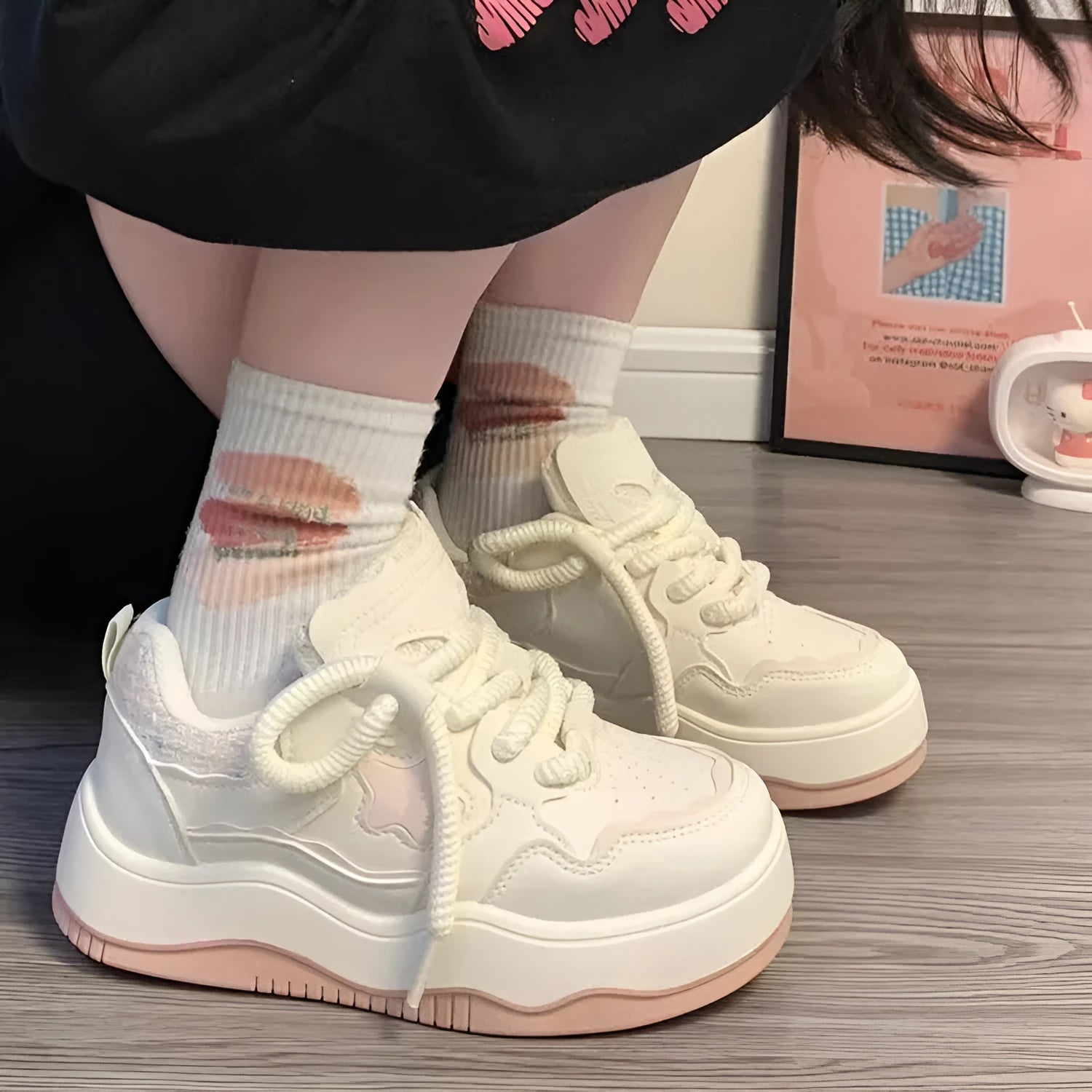 Women's green and pink artificial PU platform sneaker with front lace-up and round toe.