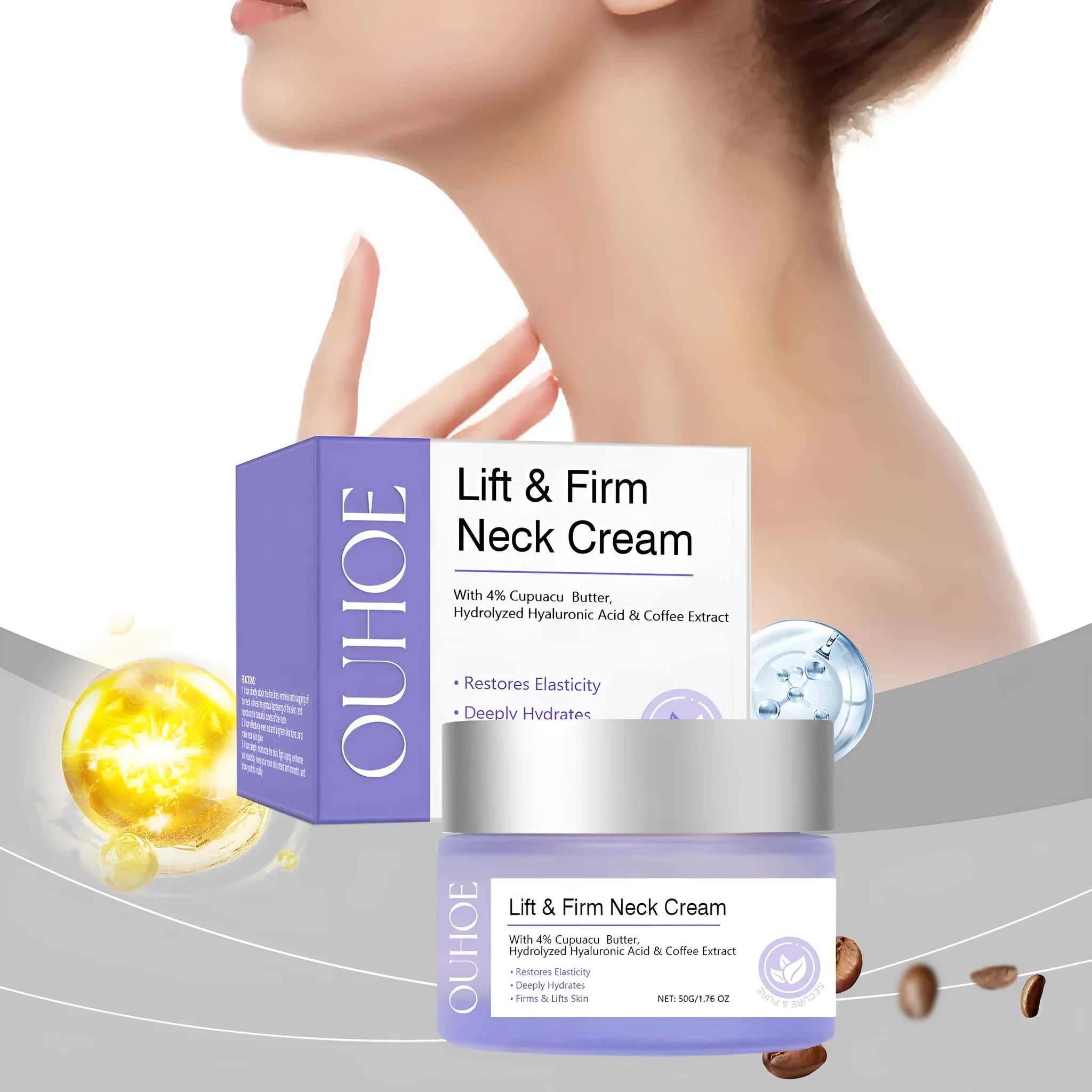 50g neck skin cream jar with moisturising formula containing hyaluronic acid and coffee extract for neck skincare