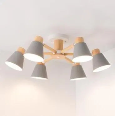 Nordic Creative Isn Macaron ceiling pendant lamp in ironwood with multiple heads, showing Black and Grey colour option
