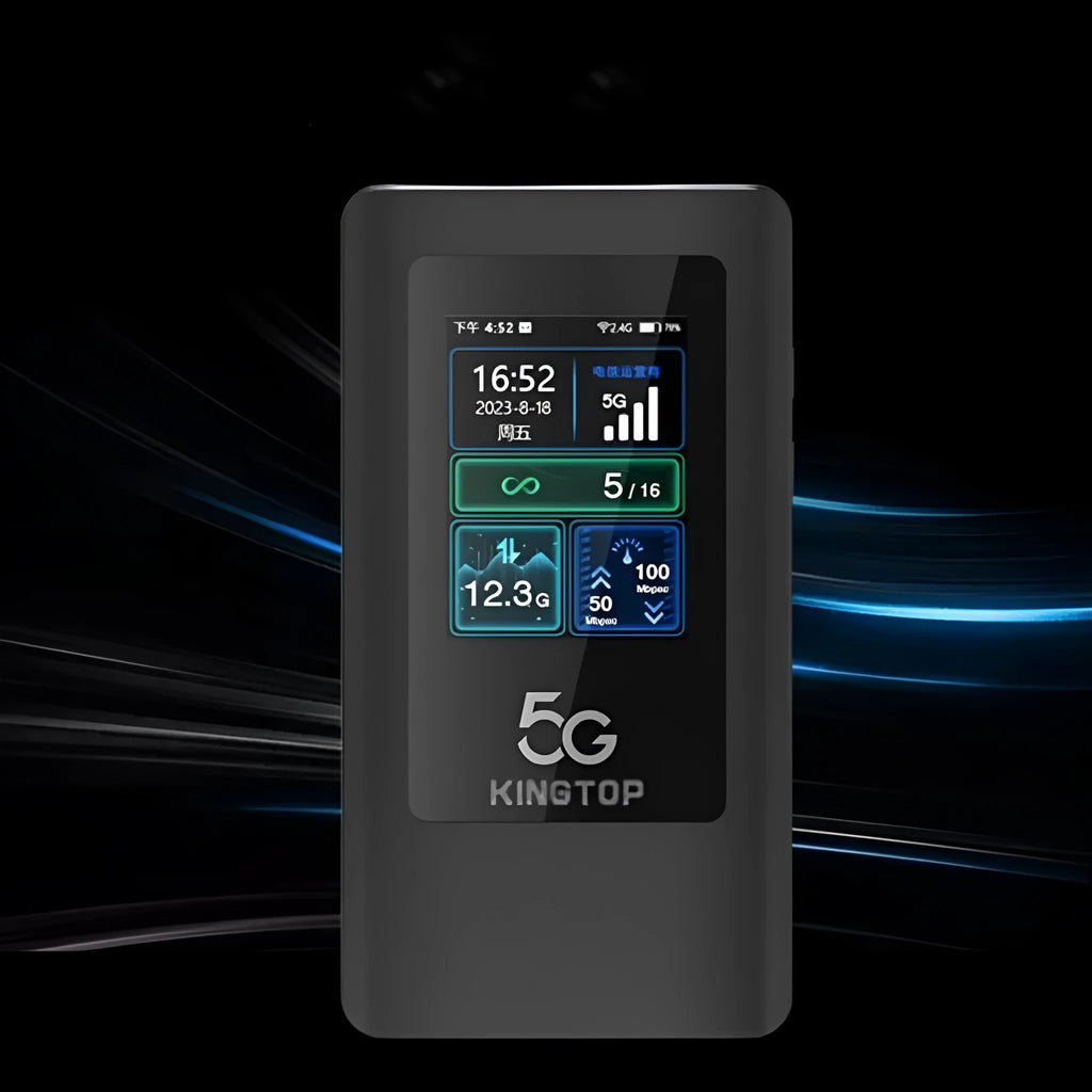 Black portable 5G Wi-Fi router showing LCD display, TYPE-C port, and compact 125x70x17mm dimensions