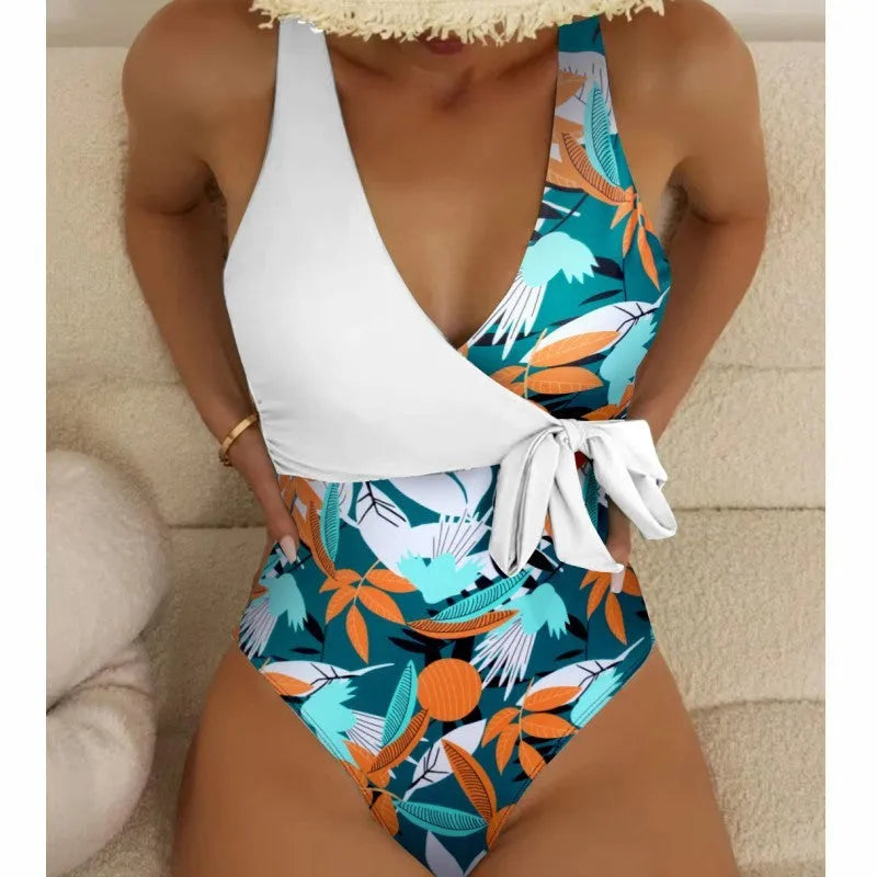 Women's high-waist one-piece swimsuit in printed pattern with quick-dry polyester fabric