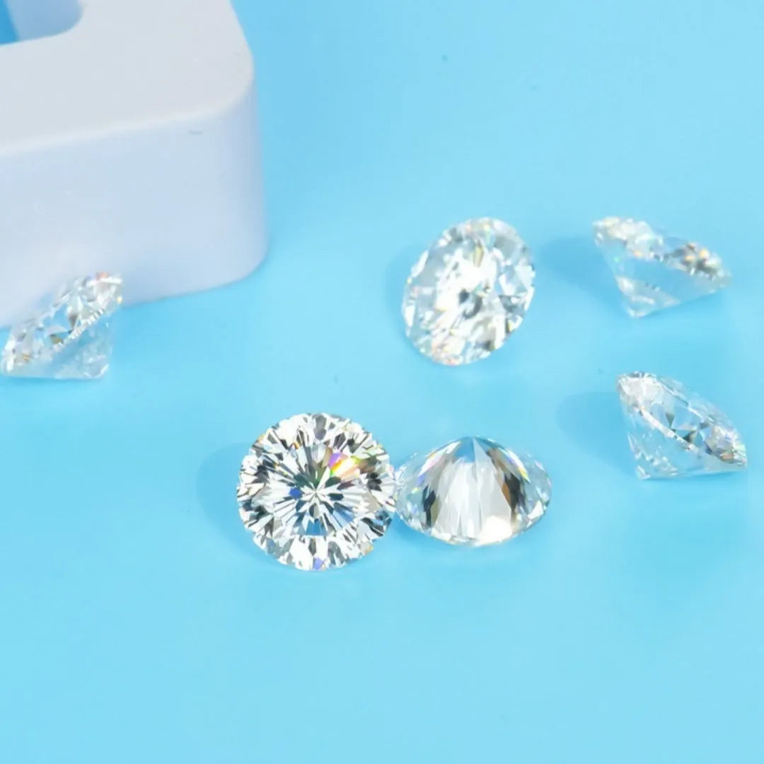 Round moissanite gemstone with eight hearts and eight arrows cut pattern in various sizes from 3mm to 18mm