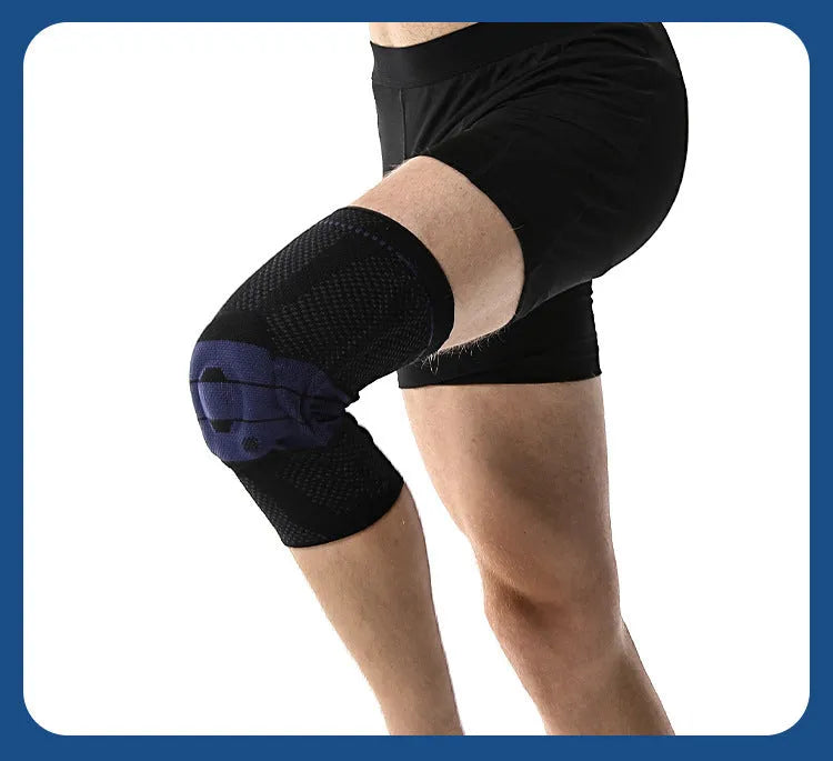 Black and blue knee pads with adjustable sizing for sports protection, made from nylon and spandex materials