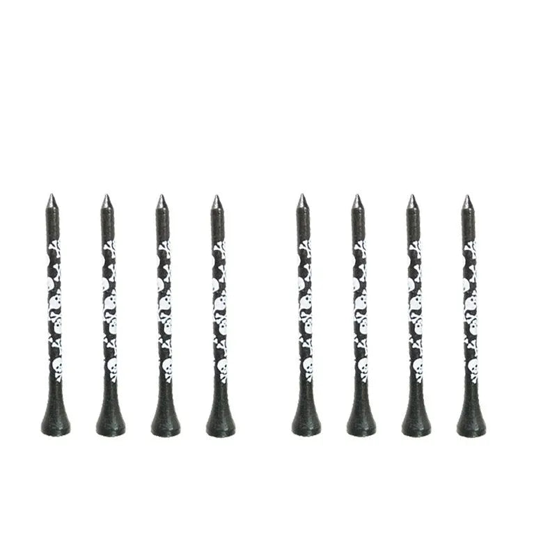 Ten black bamboo golf spike dowel pins with skull print, shown in 70mm and 83mm lengths.
