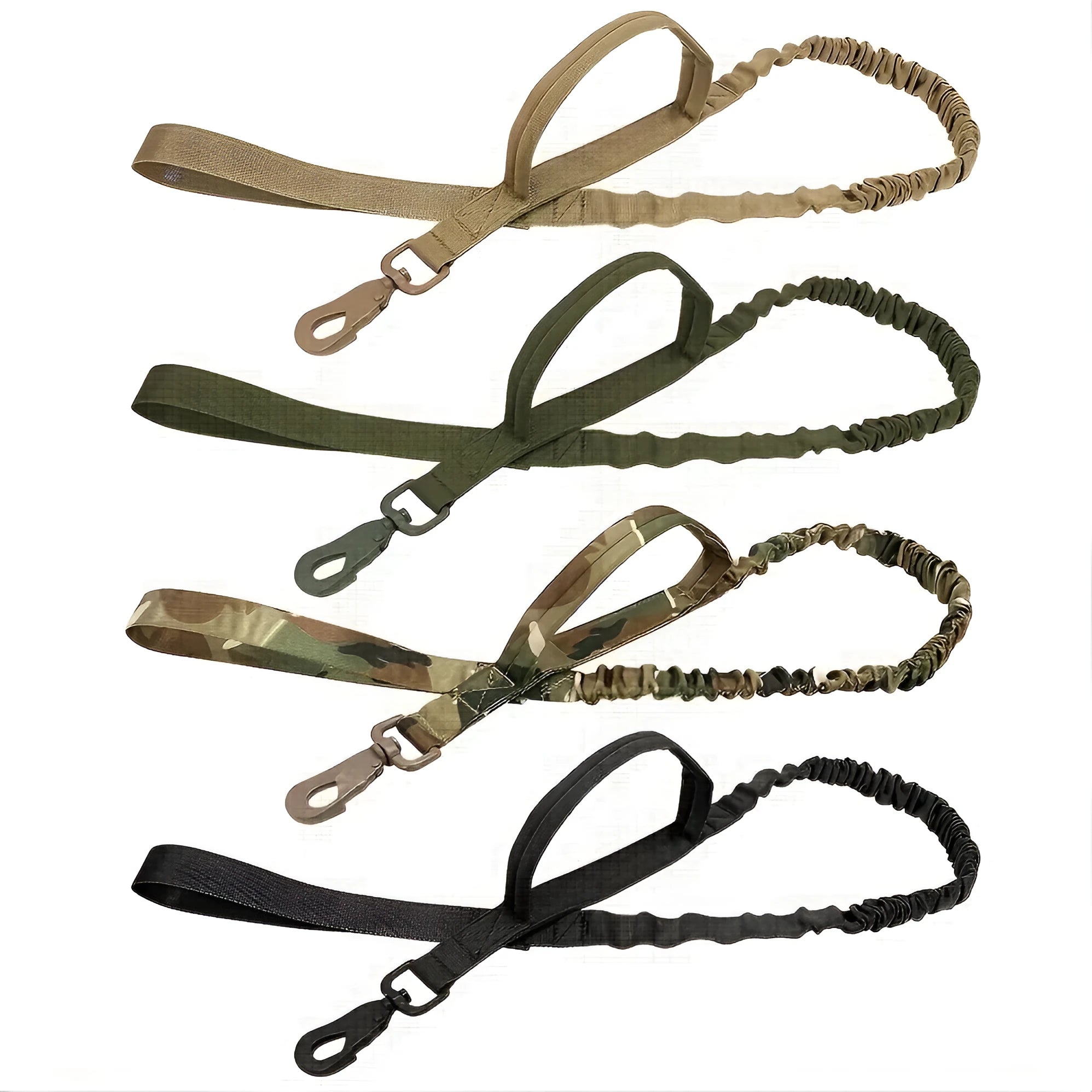Retractable dog leash with ergonomic handle in black, green, or khaki, showing extended 5m cord.