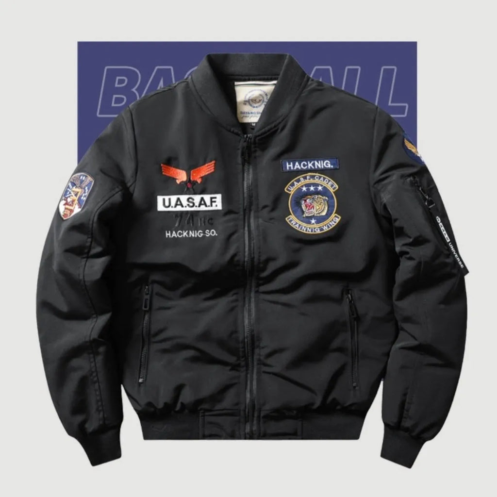 Slim-fit stand collar motorcycle coat with retro embroidery detailing on chest, showing patch pockets and cotton-padded construction