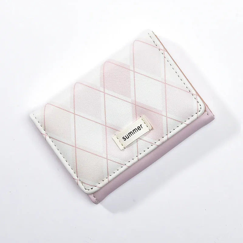 Women's short folding wallet in PU leather with geometric plaid pattern, horizontal square shape, available in pink, yellow or blue