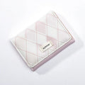 Women's short folding wallet in PU leather with geometric plaid pattern, horizontal square shape, available in pink, yellow or blue