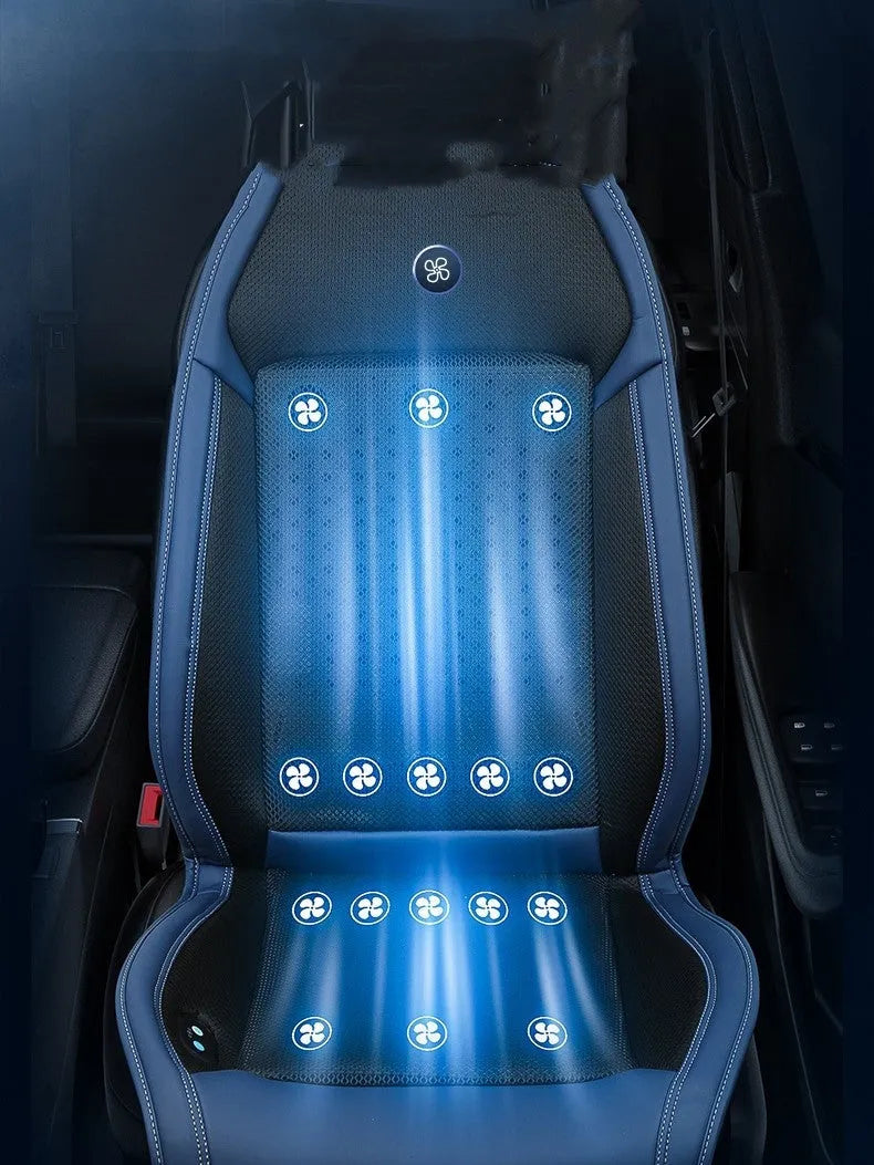 Car seat cooling pad with universal 12V/24V power, USB port, and solid colour design