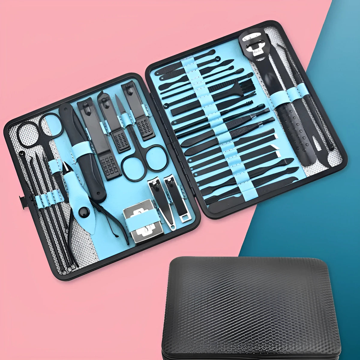 Stainless steel manicure set in PU leather case, available in red, grey, yellow or blue, 10 to 36 pieces.