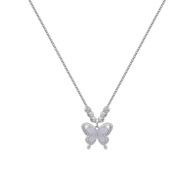 Women's square line opal butterfly necklace with adjustable silver chain and detailed pendant