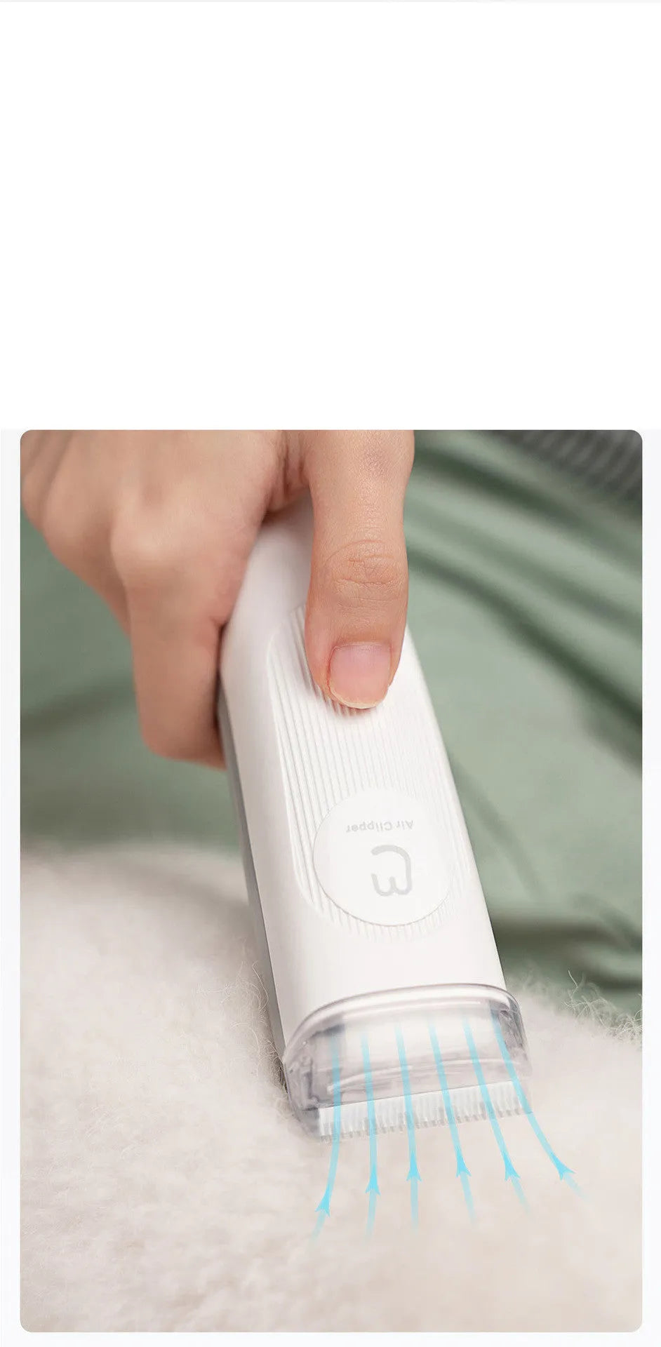 White pet grooming clipper with thinning comb, hair comb, and cleaning brush on a flat surface