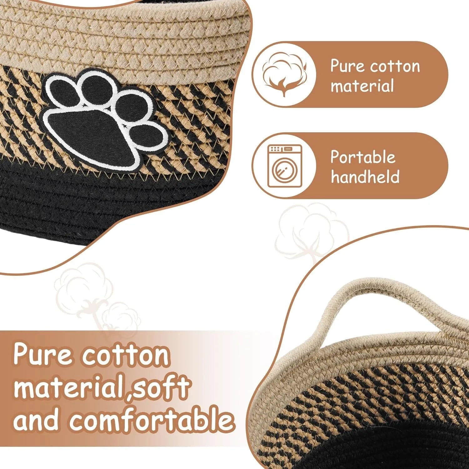 Small woven cotton rope storage basket with wooden handle in light beige, measuring 34x26x15cm, on a shelf with toys