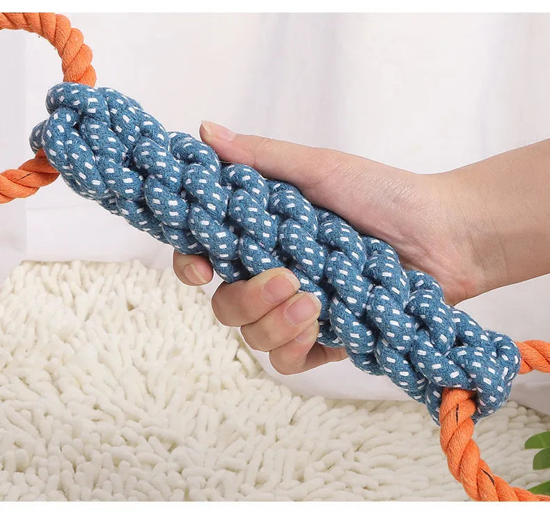Blue double-ring braided bone dog chew toy made from cotton cord for tooth cleaning