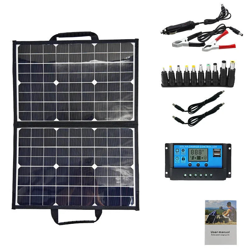 Black 40W solar folding bag showing 425x285x8mm folded size with single crystal panel for outdoor charging
