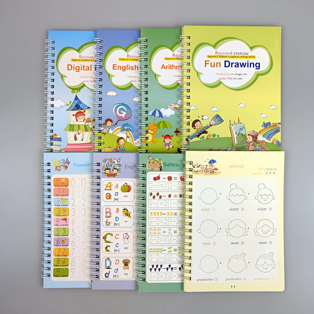 Magic calligraphy copybook set showing four practice books with square slot designs and two stylus pens