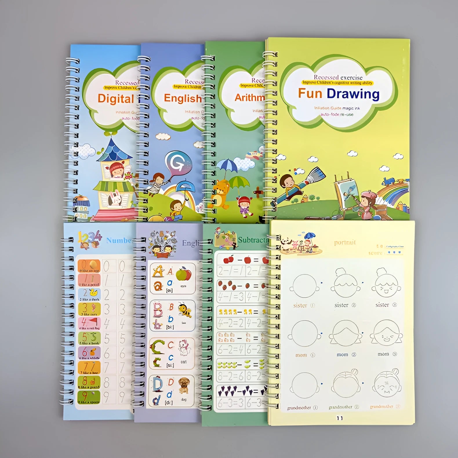 Magic calligraphy copybook set showing four practice books with square slot designs and two stylus pens