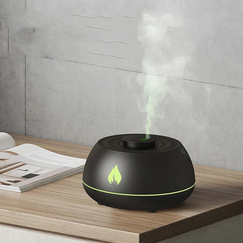 Black USB flame effect aromatherapy humidifier diffuser with LED lights and directional mist nozzle