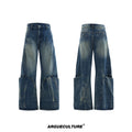 Men's verdant blue jeans with washed burst pattern and curved knife detailing, loose fit design