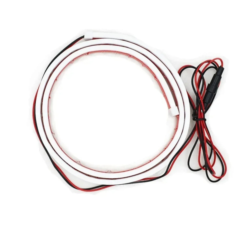 Flexible silicone LED daytime running light strip for cars, showing start scan effect and available in three lengths.