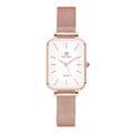 Women's waterproof quartz watch with rose gold finish, showing 34mm alloy case and woven steel strap