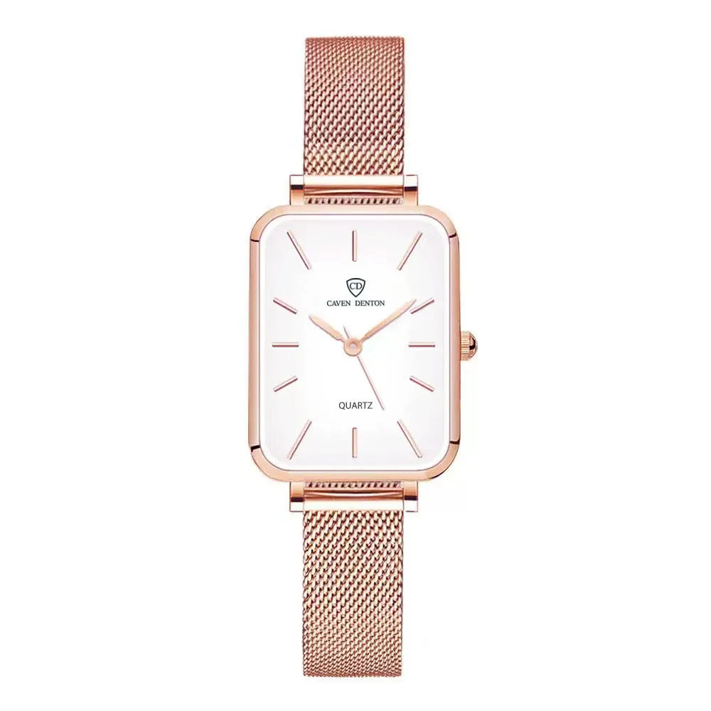 Women's waterproof quartz watch with rose gold finish, showing 34mm alloy case and woven steel strap