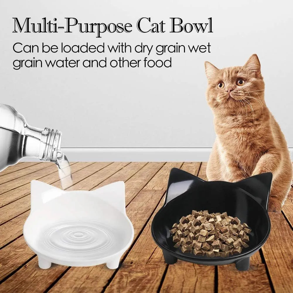 Non-slip shallow cat bowl in black or white, made from food-grade melamine with rubber base, measuring 145mm by 63mm