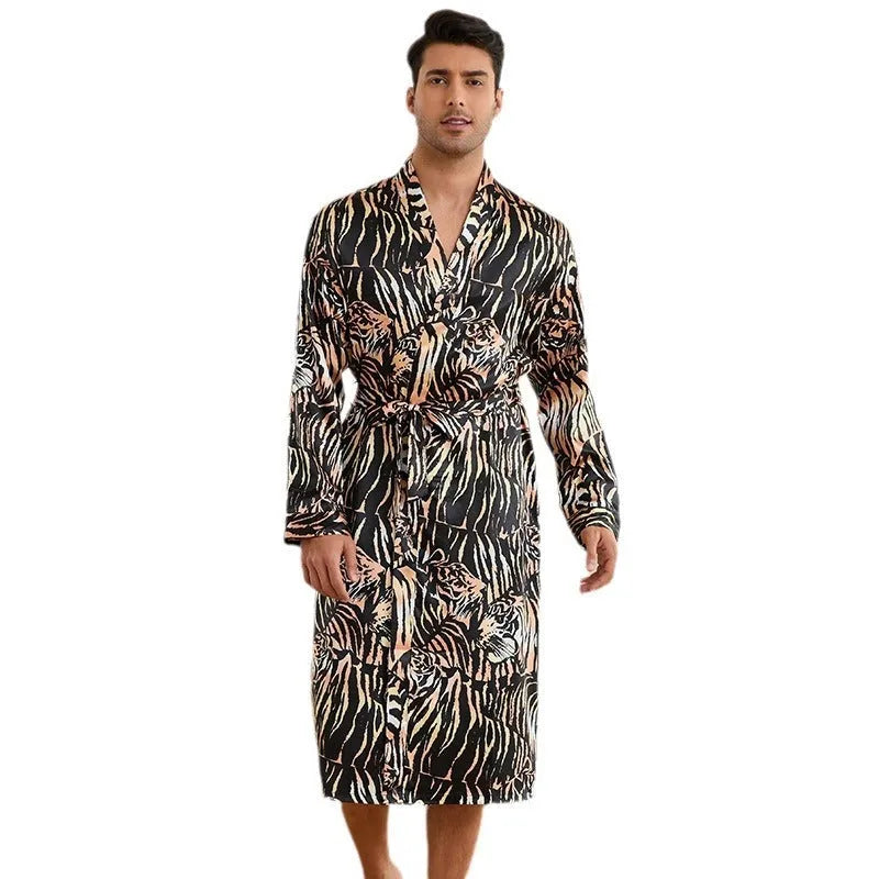 Men's tiger pattern long sleeve bathrobe with matching shorts on a hanger