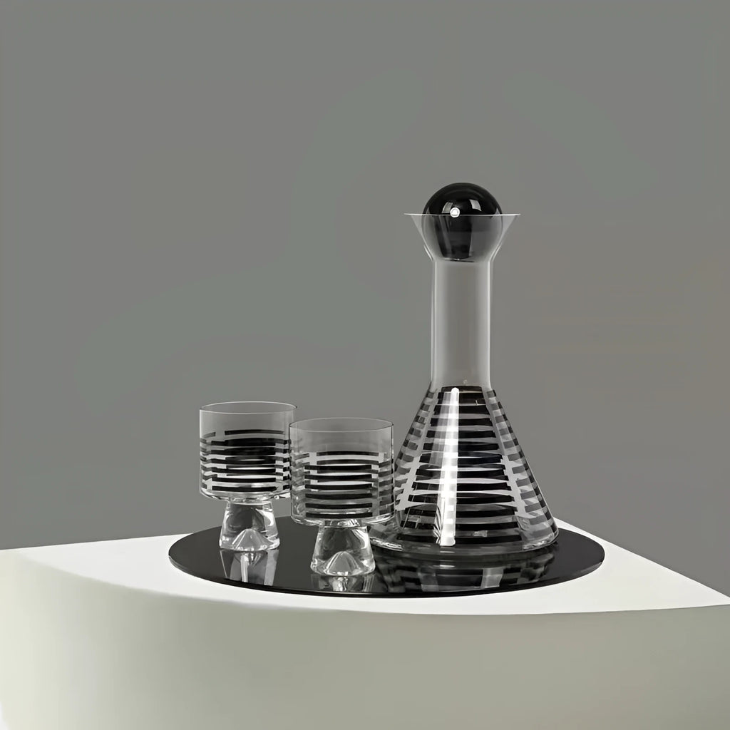 Black striped glass cold water bottle 1000ml with cover and two cups, modern simple style
