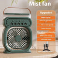 Black portable USB air cooler fan with water reservoir, 7-colour LED lights, and control buttons on a desk.
