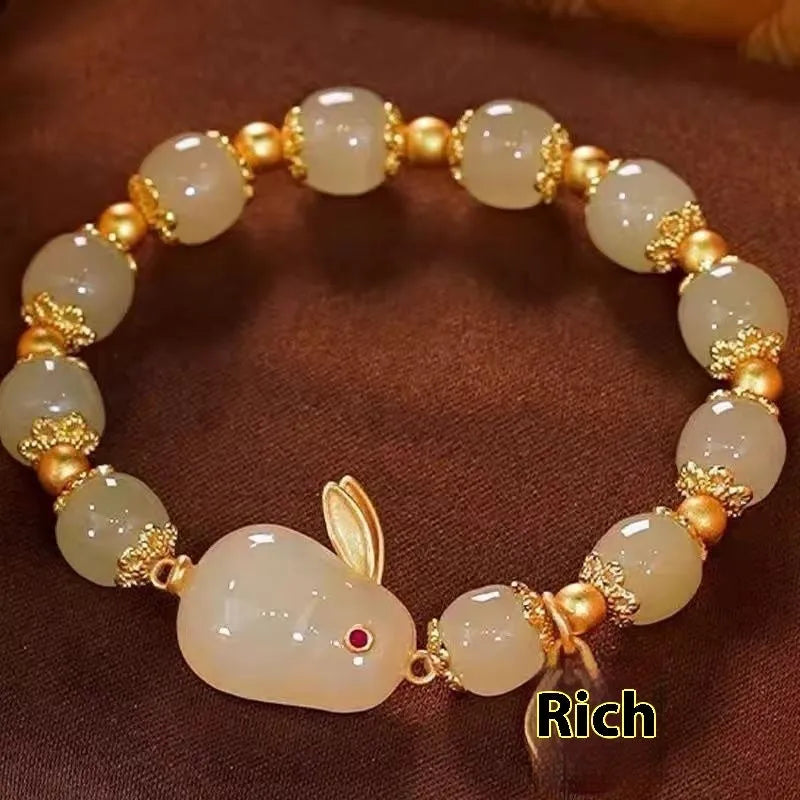 Green Jade Hare bracelet for women with Chinese-style zodiac animal design and electroplated finish