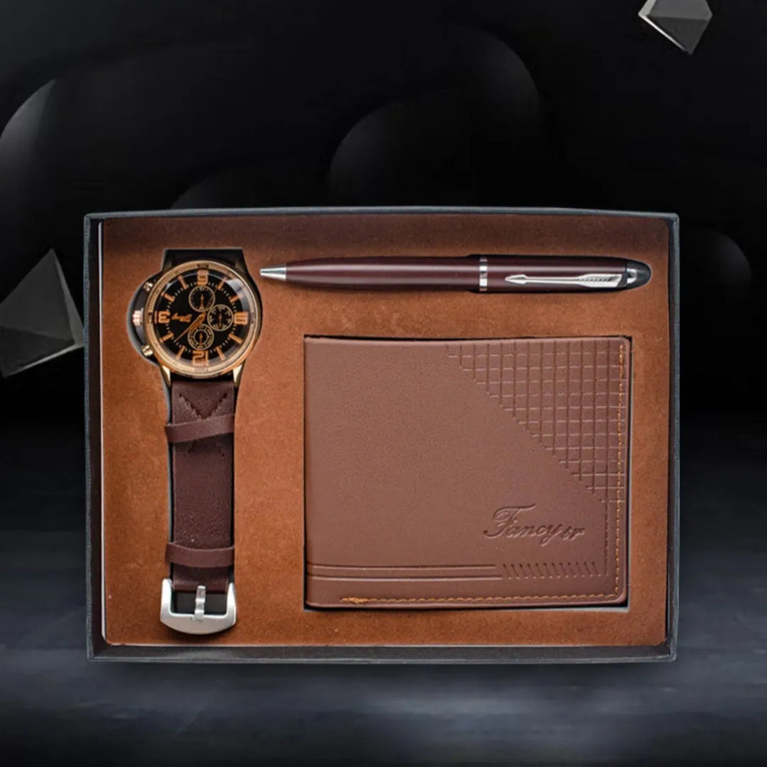 Creative Holiday Gift Wallet Pen Watch Set in brown or black with exquisite gift box, modern simplicity design