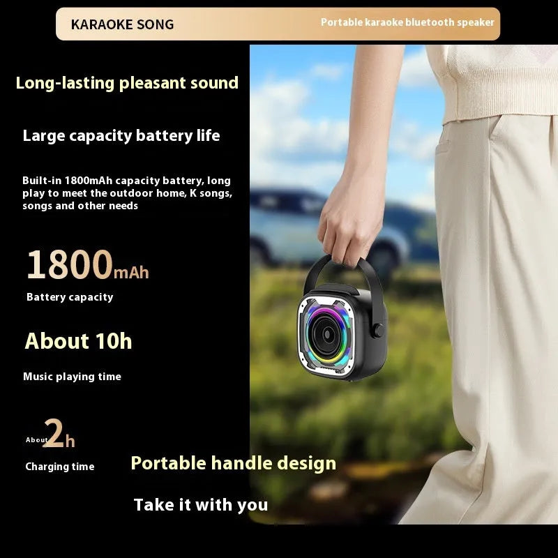 Portable wireless Bluetooth karaoke speaker in V11 Black colour with integrated microphone.