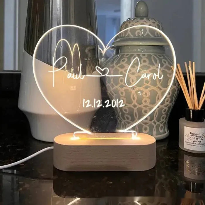 Custom LED night light with personalised text on 20cm x 11.5cm transparent acrylic plate, USB cable connected