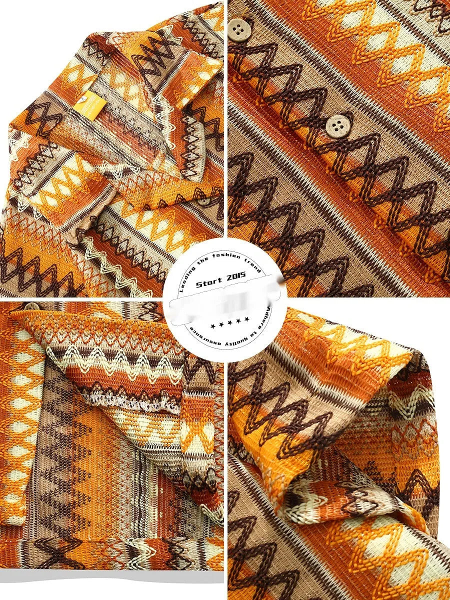 Loose fit ethnic style woven Cuban collar shirt in contrasting colours on a hanger.