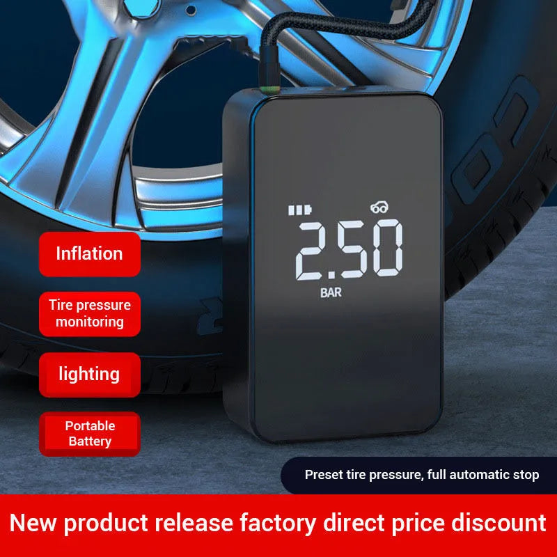 Wireless digital tyre inflator pump showing 145mm by 86mm by 48mm dimensions with LED display and four nozzles
