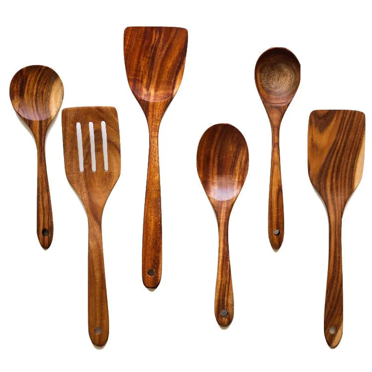 Wooden cooking utensils 7-piece set with various spoon and shovel types for kitchen use