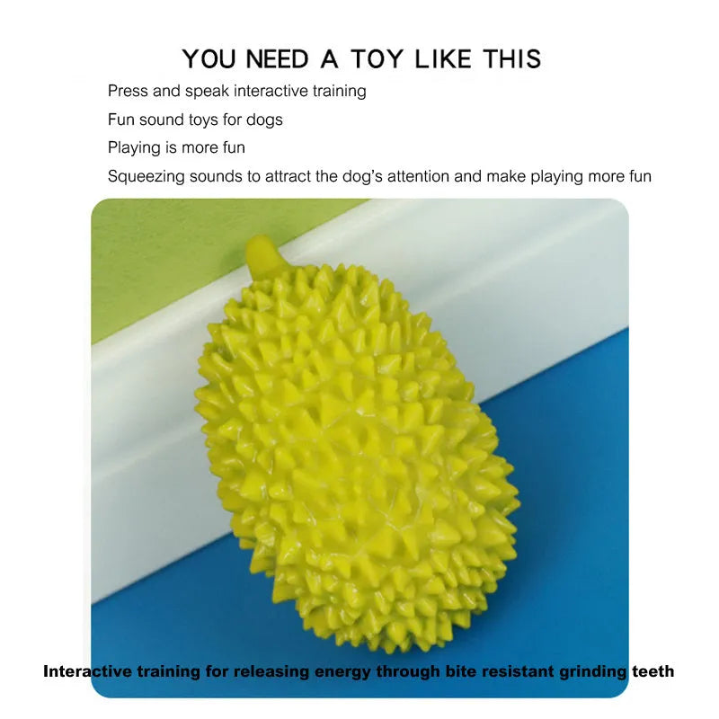 Durian-shaped dog chew toy in yellow with raised surfaces for teeth cleaning