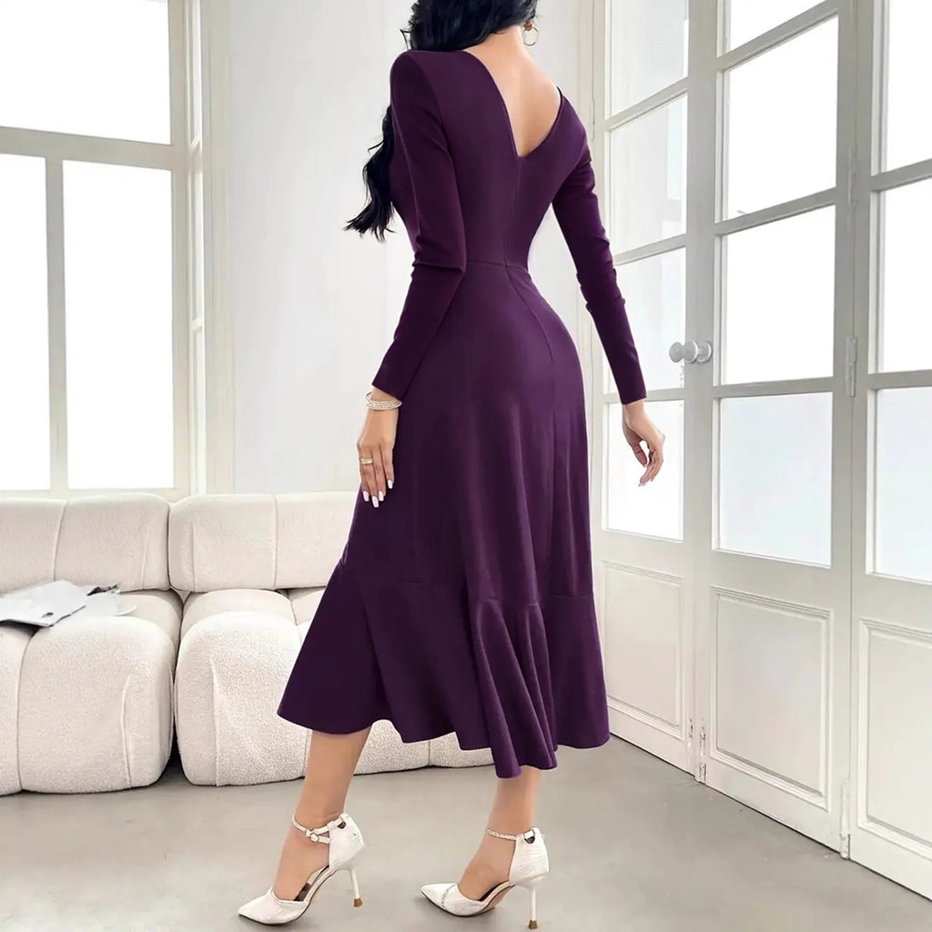 Purple women's long sleeve dress with round neck and ruffle detail, mid waist design
