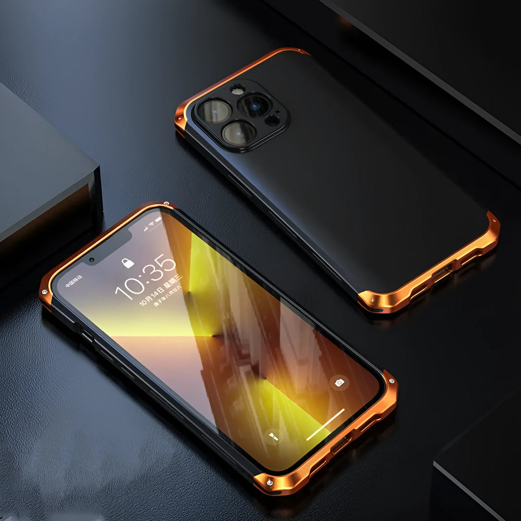 Aluminium alloy and plastic full frame iPhone 13 case in solid black, blue, silver, or yellow