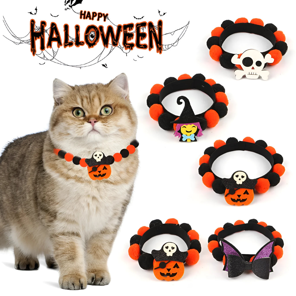 Halloween pet collar with fur ball decoration showing pumpkin pirate and witch design options