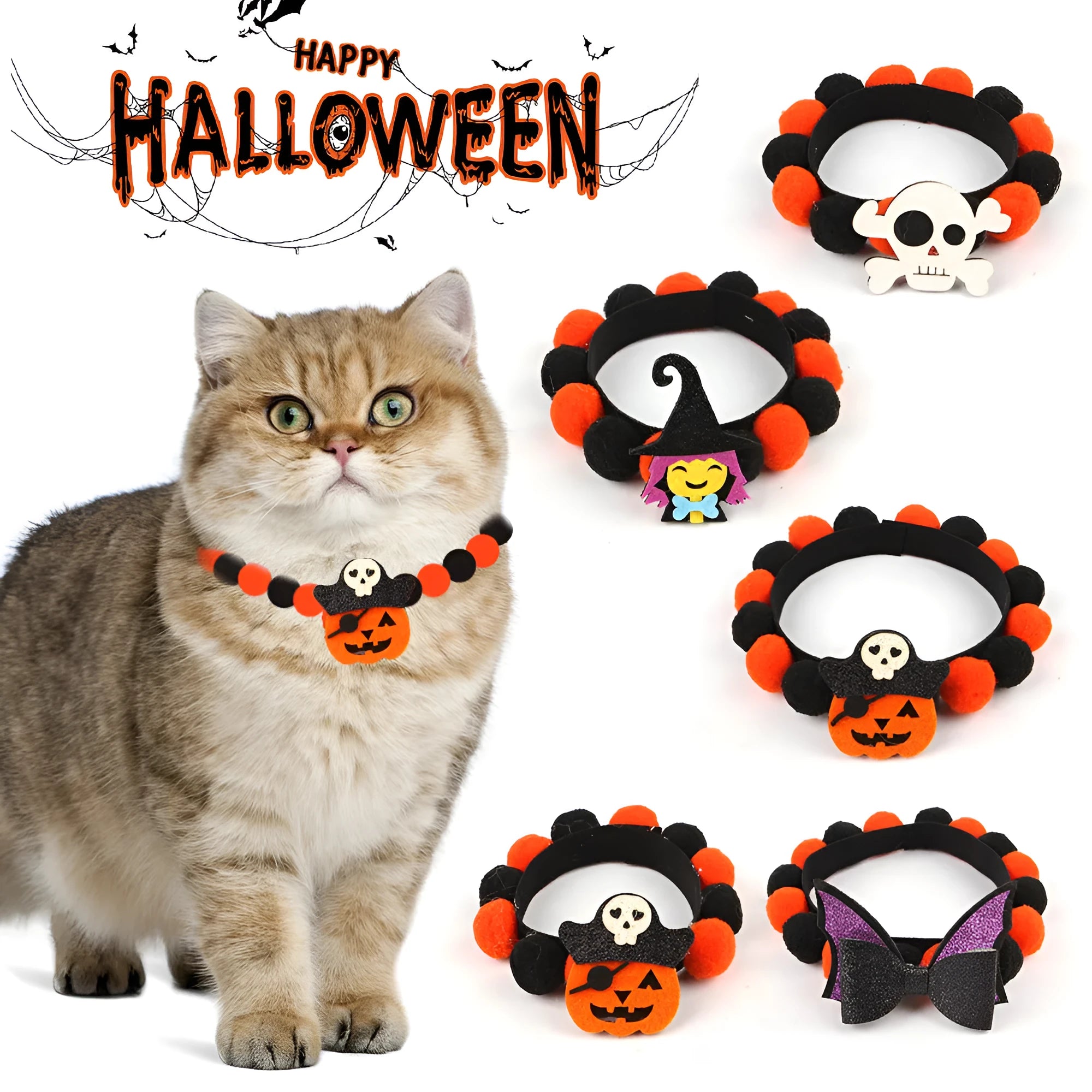 Halloween pet collar with fur ball decoration showing pumpkin pirate and witch design options