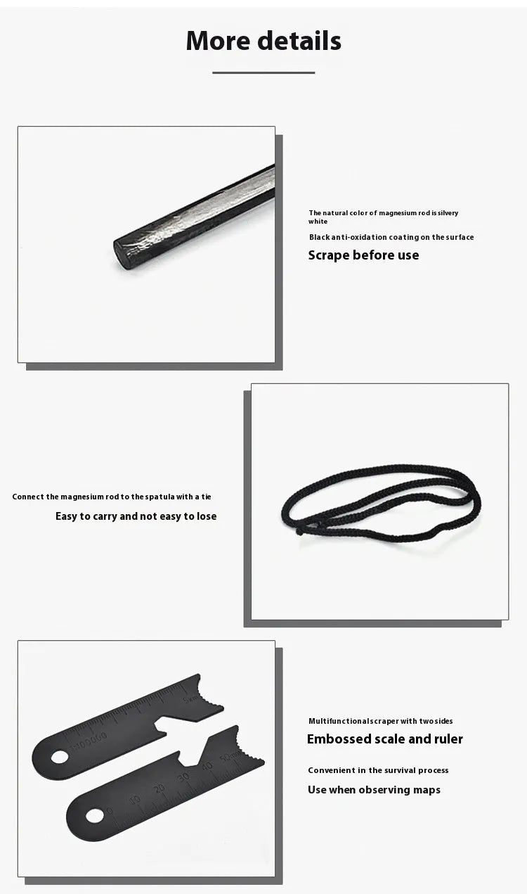 Black multifunctional outdoor survival flint with magnesium rod and stainless steel scraper showing six tool functions