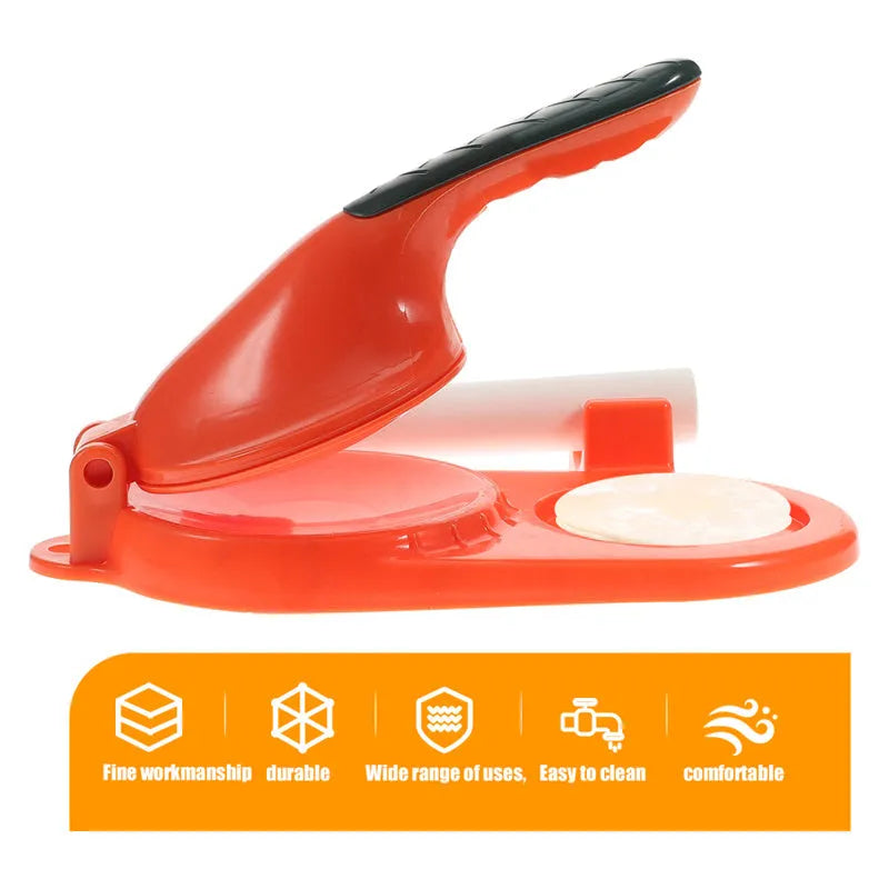 3 in 1 plastic dumpling maker set with two dumpling props and white rolling pin in orange, green, white or pink