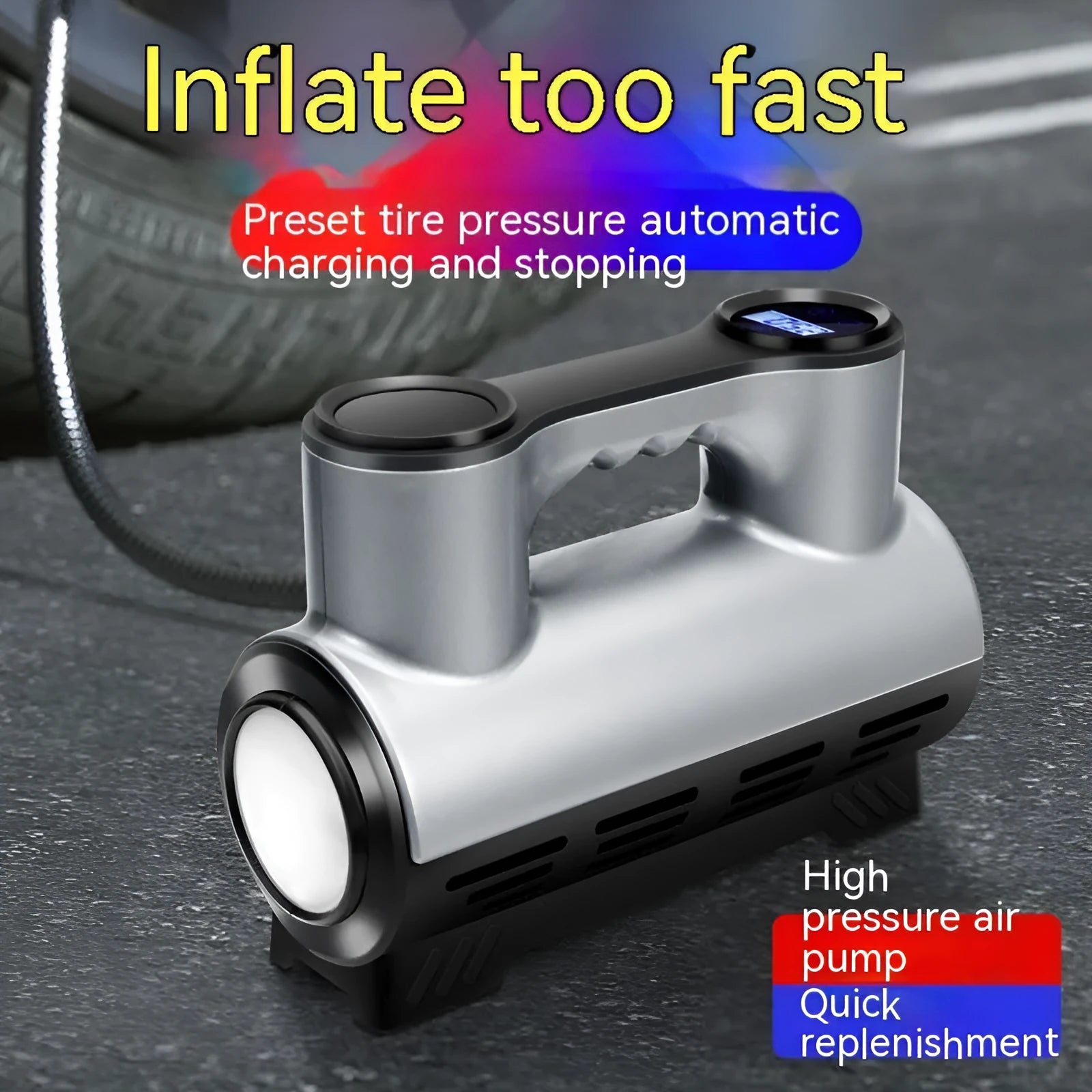 12V portable car tyre inflator with digital display, three air nozzles, and compact grey ABS body.